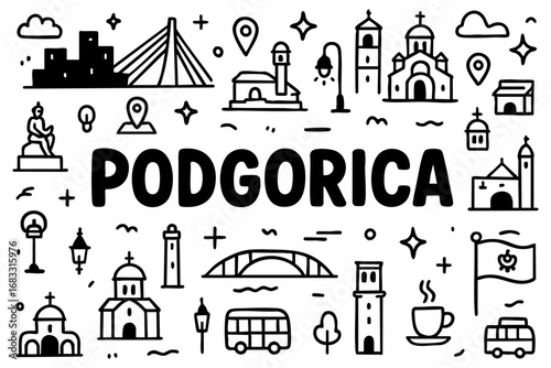 Podgorica doodle compilation: Millennium Bridge, churches, bell towers, lighthouses, skyline, flag, statue, domes, bus, and coffee.