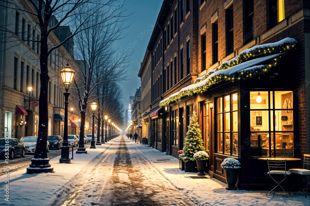 Fototapeta premium Snowy City Street at Night