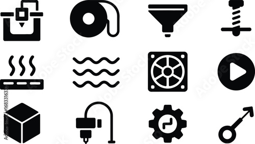 Collection of 3d printing icons representing technology and manufacturing processes