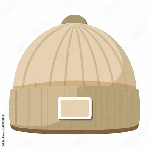 Beige knitted beanie hat with a pom pom and a blank patch