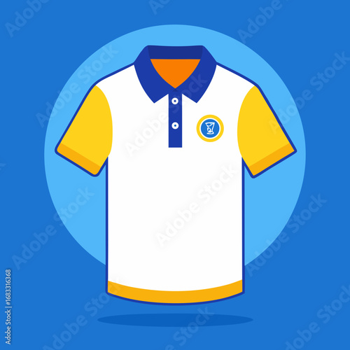 Flat design polo shirt with blue collar and yellow sleeves