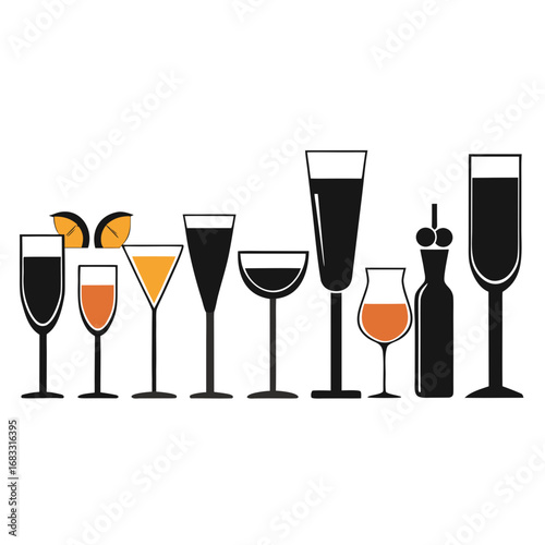 Collection of various alcoholic drinks in glasses and a bottle