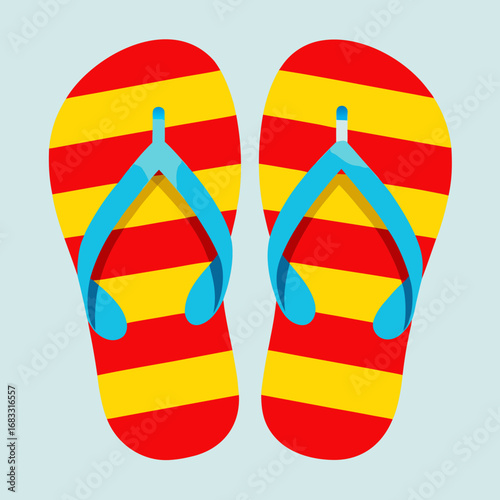 Pair of striped red and yellow flip flops with blue straps