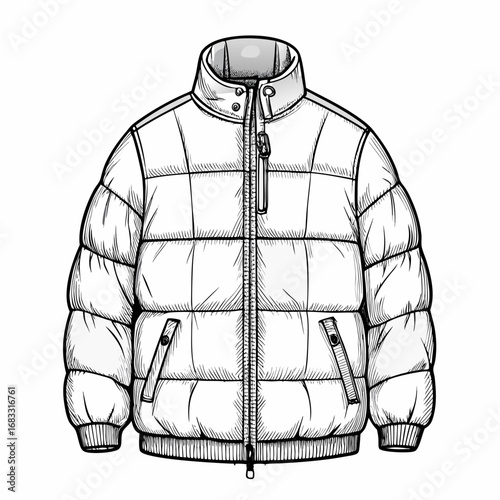 Sketch of a padded winter jacket with zipper and pockets