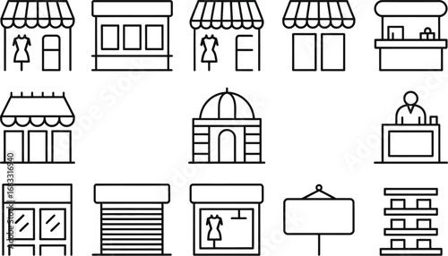 Collection of hand drawn storefront and market stall icons in black outline style