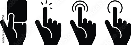 Set of four black hand icons indicating touch gestures on a digital screen