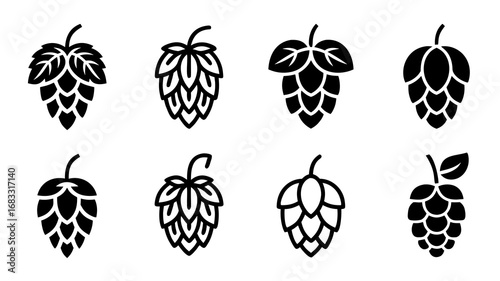 Black hop cone icon set, brewing ingredient symbol, beer plant vector illustration, isolated on white background.