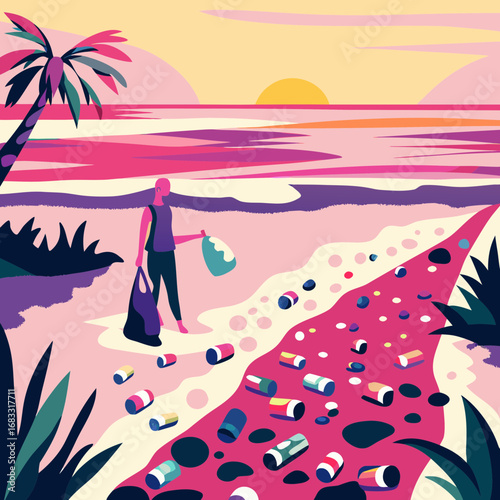 Environmental cleanup at sunset along a beautiful beach