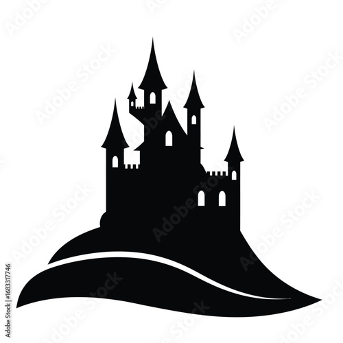 Black castle silhouette on hill architecture