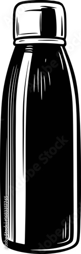 Hand drawn thermos bottle with cap, black and white vintage sketch illustration isolated on white background