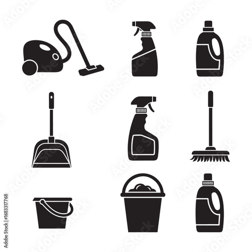 9 House Cleaning Icons Bundle | Flat Style Cleaning Icons, Minimal Household Vector Design