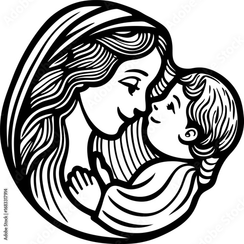 Hand drawn mother and child embracing vintage engraving of maternal love and tender family affection illustration