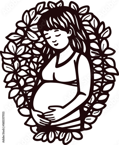 Pregnant woman surrounded by leafy branches in vintage hand drawn style, serene motherhood illustration in monochrome
