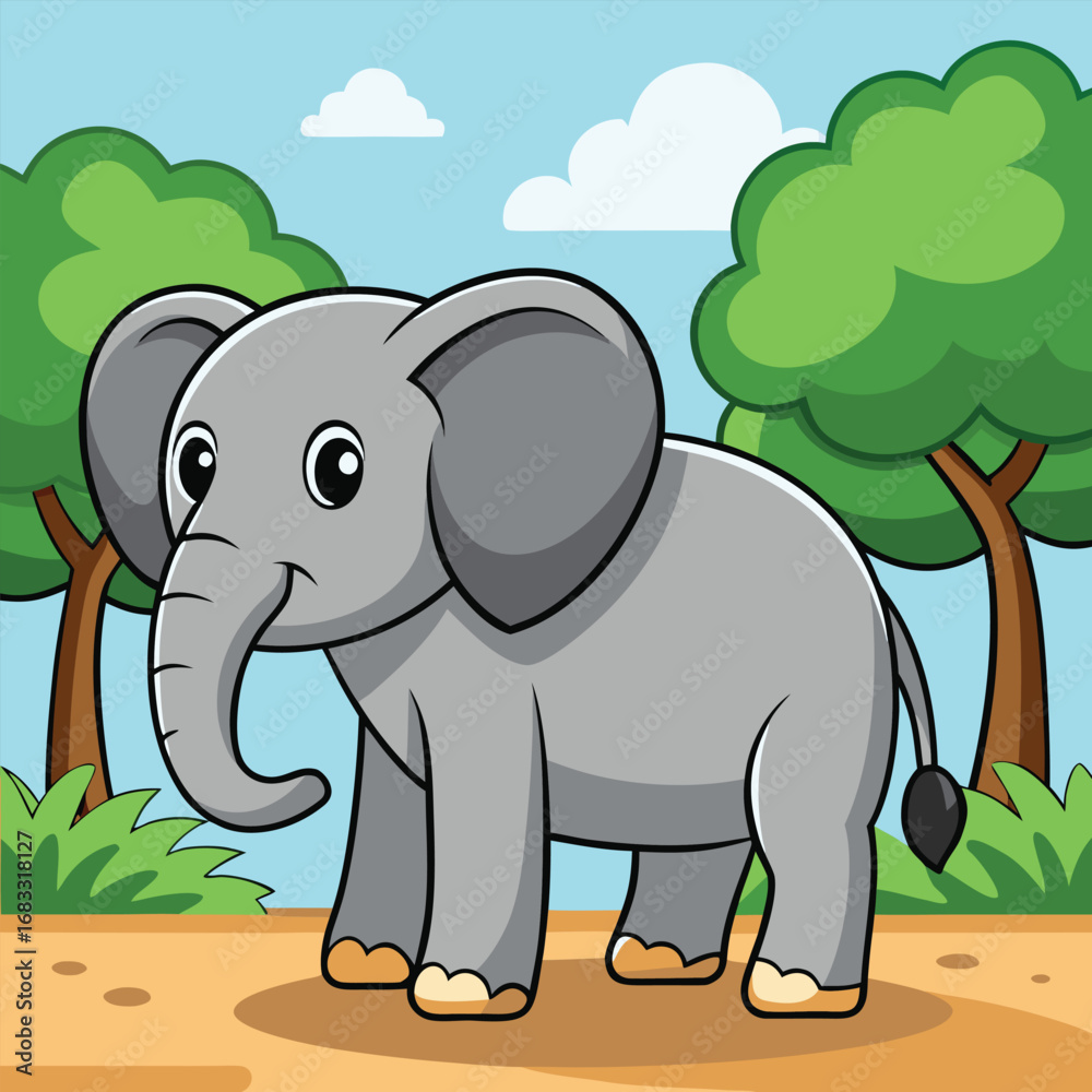 Fototapeta premium A gray elephant character with a big trunk and funny ears is having a happy time at the zoo in this cute cartoon illustration