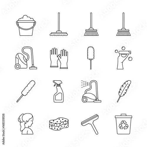 16 House Cleaning Icons Bundle | Cleaning Supplies Icon Pack, Black and White Vector Design