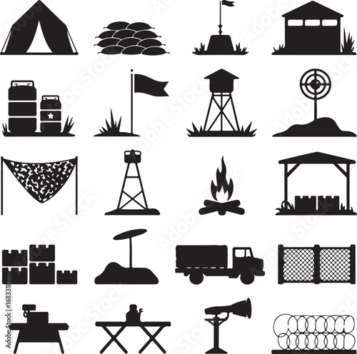 Military Camp Icons Silhouette Set Outdoor Elements tent sandbags