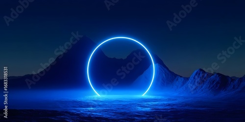 An abstract neon blue circle illuminated in the middle of an empty dark landscape with mountains, a blue glowing light ring 