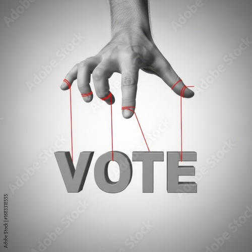 Puppet master hand manipulating the word vote strings political control concept white background