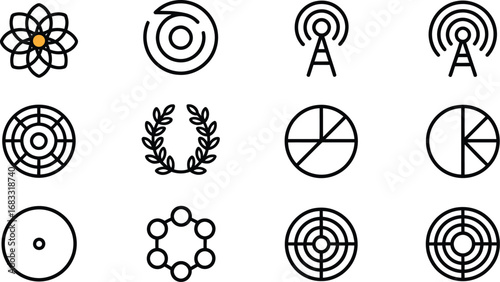 Collection of twelve modern outline icons representing technology and concepts