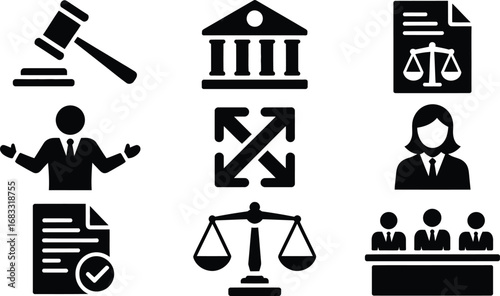 Collection of legal and justice symbols representing law and courtroom proceedings