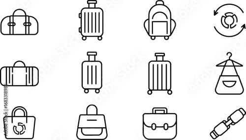 Collection of hand drawn style travel luggage and bags icons for journeys