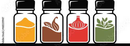 Four spice jars displayed together for flavor and culinary enhancement