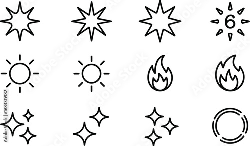 Collection of hand drawn starbursts suns flames and sparkle icons