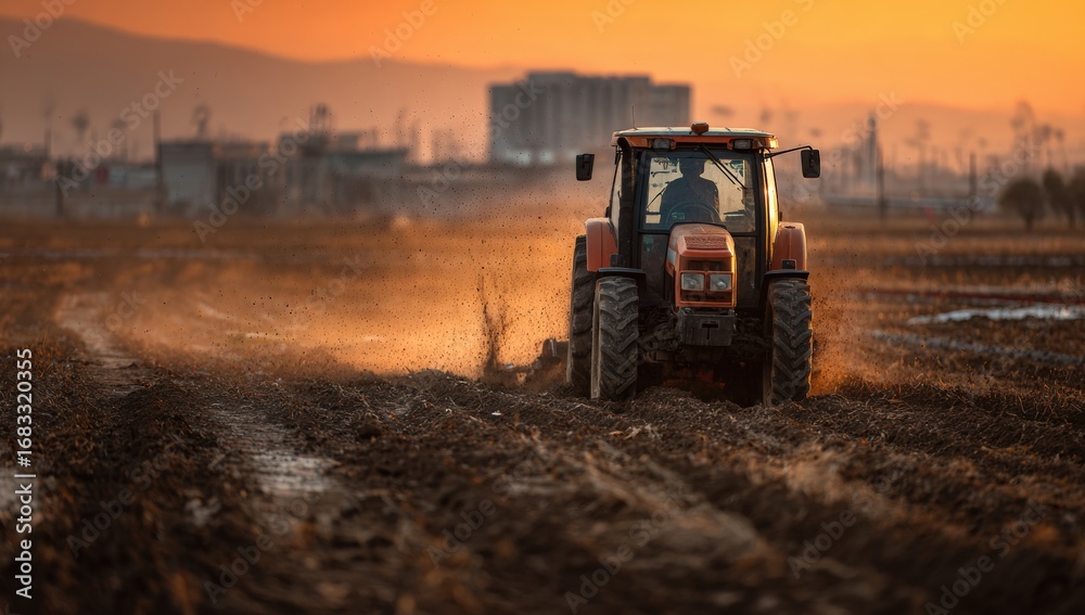 Fototapeta premium Tractor plowing field at sunset