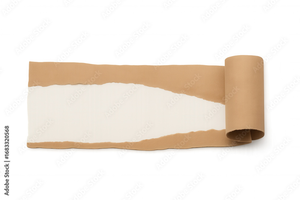 Obraz premium Brown paper roll tearing apart, exposing crisp white interior layer on translucent surface