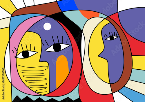 modern cubist abstract portrait featuring two expressive eyes within fragmented geometric shapes.