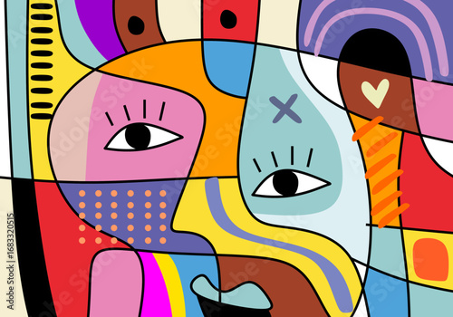 modern cubist abstract portrait featuring two expressive eyes within fragmented geometric shapes.