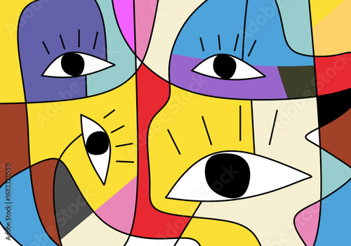 modern cubist abstract portrait featuring two expressive eyes within fragmented geometric shapes.