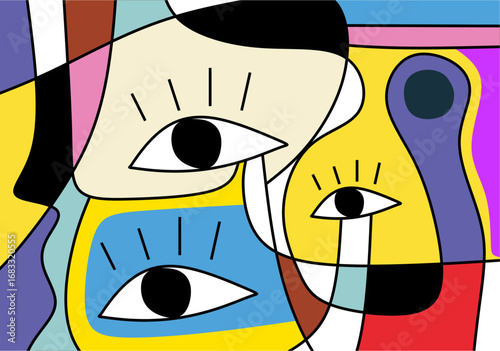modern cubist abstract portrait featuring two expressive eyes within fragmented geometric shapes.