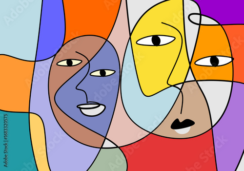 modern cubist abstract portrait featuring two expressive eyes within fragmented geometric shapes.