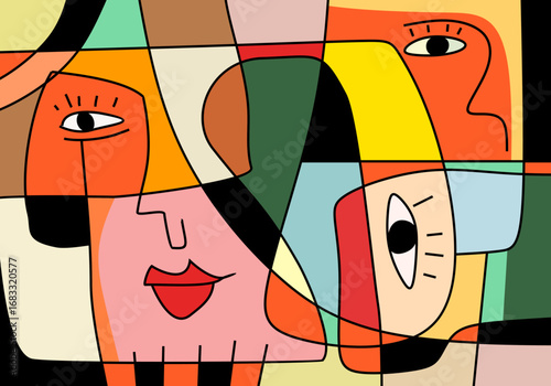 modern cubist abstract portrait featuring two expressive eyes within fragmented geometric shapes.