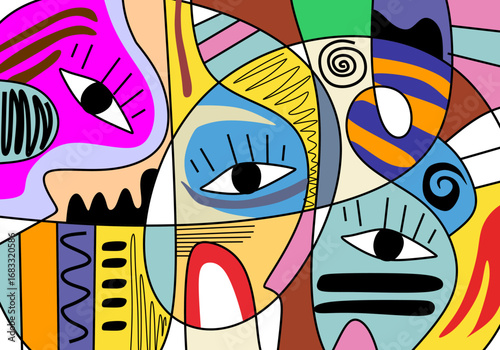 modern cubist abstract portrait featuring two expressive eyes within fragmented geometric shapes.