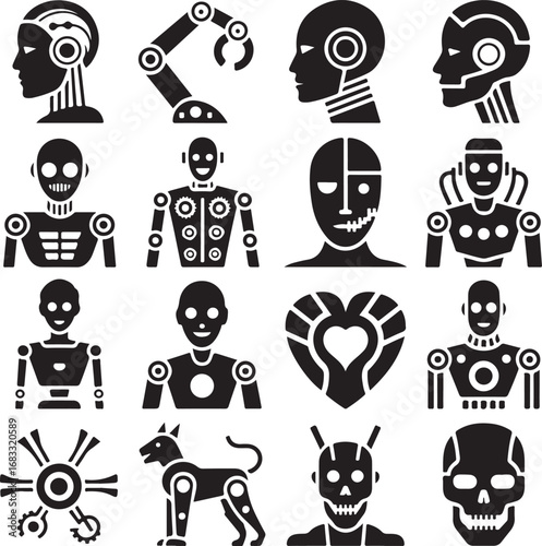 Collection of robot and cyborg icons with diverse mechanical designs android technology