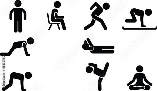 Diverse stick figure poses depicting various human activities and exercises