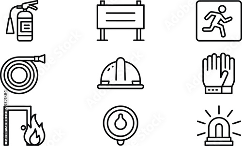 Collection of safety and emergency icons including fire extinguisher and exit sign