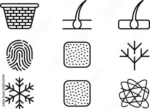 Collection of nine distinct line art icons representing various textures and biological elements
