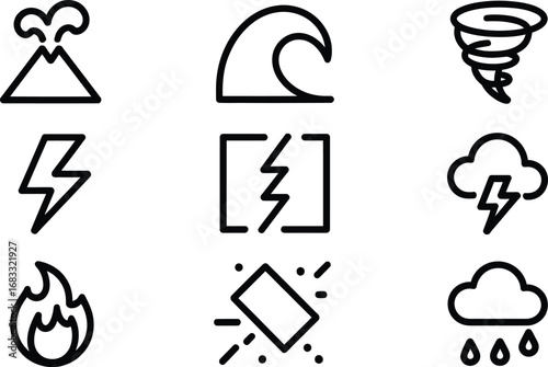 Collection of nine distinct icons representing natural disasters and weather phenomena