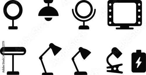 Collection of various lighting and mirror icons in a clean silhouette style