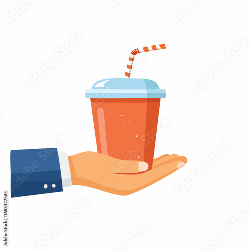 Hand Holding Orange Plastic Cup With Straw