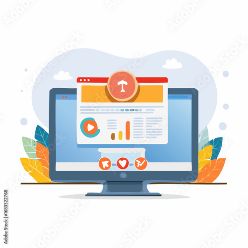 Flat Design Computer Monitor Displaying Data Analysis Report