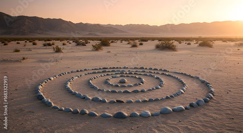 Desert Sunrise with Circular Stone Spiral Installation