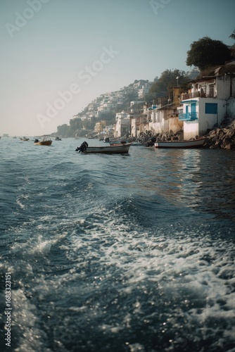 Coastal Town and Boats Viewed from the Sea