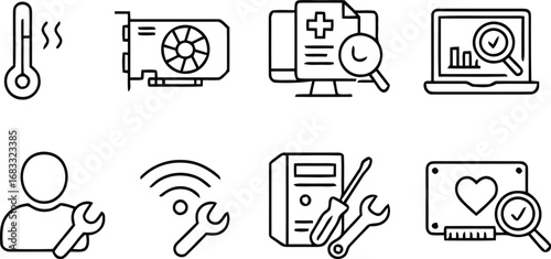 Computer hardware diagnostics and repair service icons set