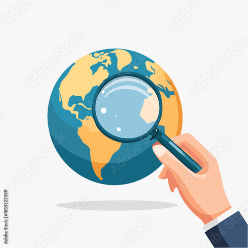 Hand Holding Magnifying Glass Over Globe