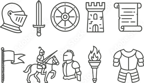 Collection of medieval knightly symbols and objects in a simple outline style