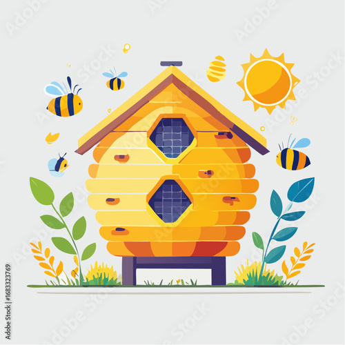 Colorful Beehive Illustration With Bees And Sun